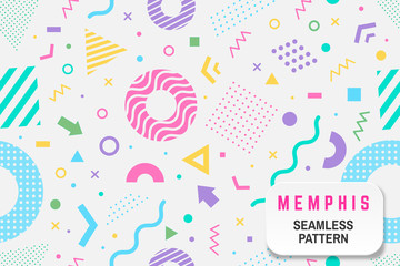 Memphis seamless pattern. Vector. Different halftone geometric shape and colorful geometric shapes seamless pattern.