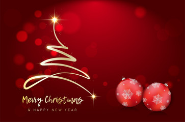 Wall Mural - christmas card with abstract golden shiny tree and christmas balls