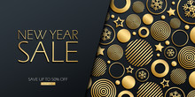 New Year Sale Special Offer Luxury Banner With Gold Colored Christmas Balls, Stars And Snowflakes On Black Background. Discount Up To 50% Off. Vector Illustration.