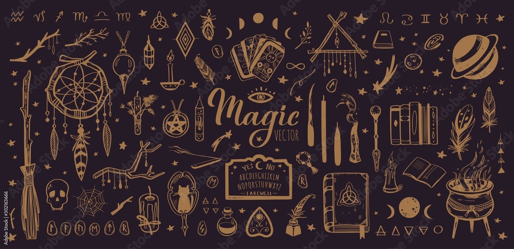 Witchcraft, magic background for witches and wizards. Wicca and pagan tradition. Vector vintage collection. Hand drawn elements candles, book of shadows, potion, tarot cards etc. - obrazy, fototapety, plakaty 