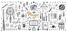 Witchcraft, Magic Background For Witches And Wizards. Wicca And Pagan Tradition. Vector Vintage Collection. Hand Drawn Elements Candles, Book Of Shadows, Potion, Tarot Cards Etc.