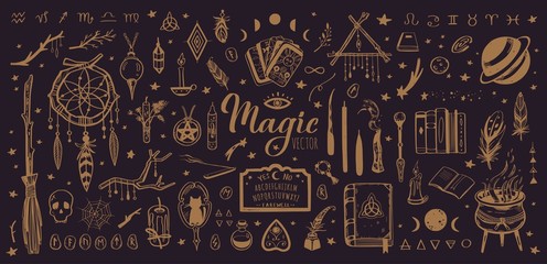 witchcraft, magic background for witches and wizards. wicca and pagan tradition. vector vintage coll