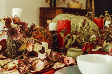 Sticker - Beautiful autumn table decor with green pumpkin