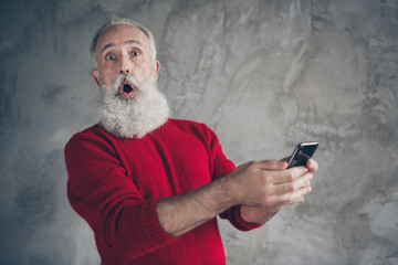 Sticker - Funny funky crazy white hair beard old man use his smartphone blogging get x-mas newyear season tradition discounts notification wear red jumper isolated over grey color background