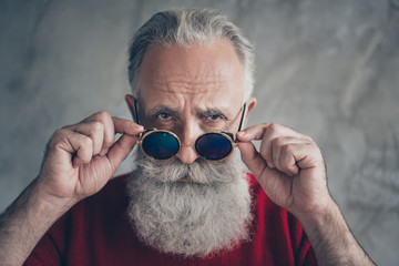 Where you 2020. Close up photo of brutal serious old man touch his trendy specs look gorgeous on christmas time wear red trendy jumper isolated over grey color background