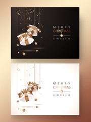 Sticker - Merry Christmas & Happy New Year message card design decorated with baubles and gift boxes in two color option.