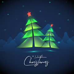 Poster - Calligraphy of Merry Christmas with paper cut style Xmas tree and snowflakes decorated on blue mountains background.