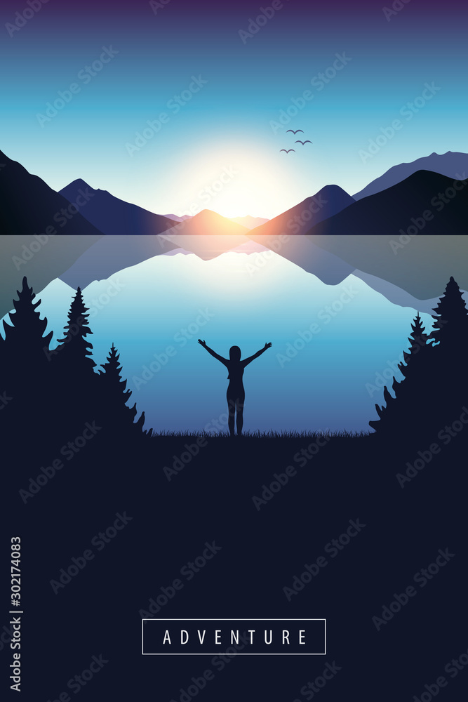 adventure at blue lake with happy girl with raised arms vector illustration EPS10 - obrazy, fototapety, plakaty 