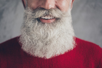 Sticker - Cropped closeup photo of aged guy with perfect neat groomed long beard after salon procedure wear red knitted pullover cool hipster outfit isolated grey color wall background