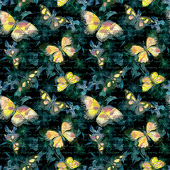 Wall Mural - flowers, glowing butterflies, hand written text note at black background. watercolor. seamless patte