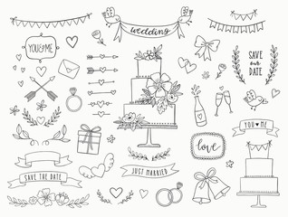 Hand drawn doodle wedding collection. Vector wedding icons, illustrations and design elements for invitations, greeting cards, posters. Arrows, hearts, laurel, wreaths, ribbons, flowers, banners.