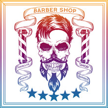 Vector Illustration. Vintage, Hipster Skull Barber Shop Logo In Old, Neon Style.