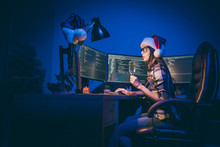 Profile Photo Of Programmer Lady With Sparkling Wine Glass Watching Screen Working Late Night Meet Newyear Alone At Dark Office Workaholic Wear Santa Cap Indoors