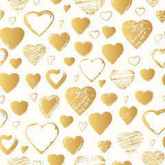 Hand drawn brush, scribble, chalk, grunge golden hearts seamless pattern. Vector isolated gold romantic background for wrapping paper.