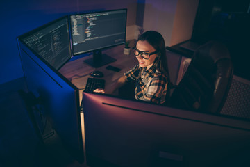 Top above high angle view photo of cheerful positive girl in spectacles having found job of it specialist for supporting website