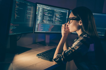 photo of serious concentrated smart clever developer writing code for new video game to be released 