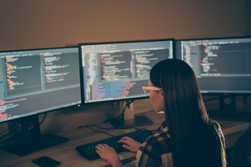 Wall Mural - Back rear view photo of focused concentrated girl coding new project using java script language operating system