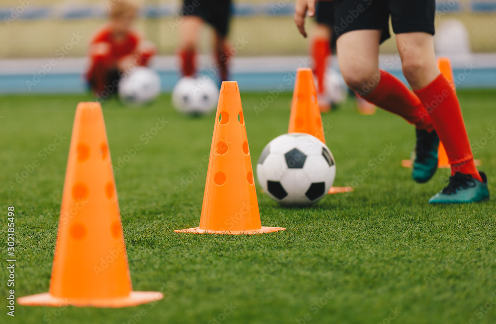 Running In Football Soccer Training Drill. Football Player Running With Ball. Soccer ...