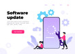 System updates with people updating operation in computing and installation programs. mobile application. Flat vector illustration modern character design. For a landing page, banner, flyer, web page.