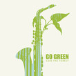 Vector illustration on the theme of environmental protection with the words Go green, Save the forest. Abstract poster in the form of saxophone and twig with silhouettes of trees. Eco Poster Concept