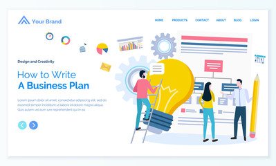 How to write business plan vector, business meeting of partners and professionals. Man and woman with electric bulb idea of person colleagues. Website or webpage template, landing page flat style