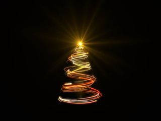 Wall Mural - gold christmas tree magic light on black background.
