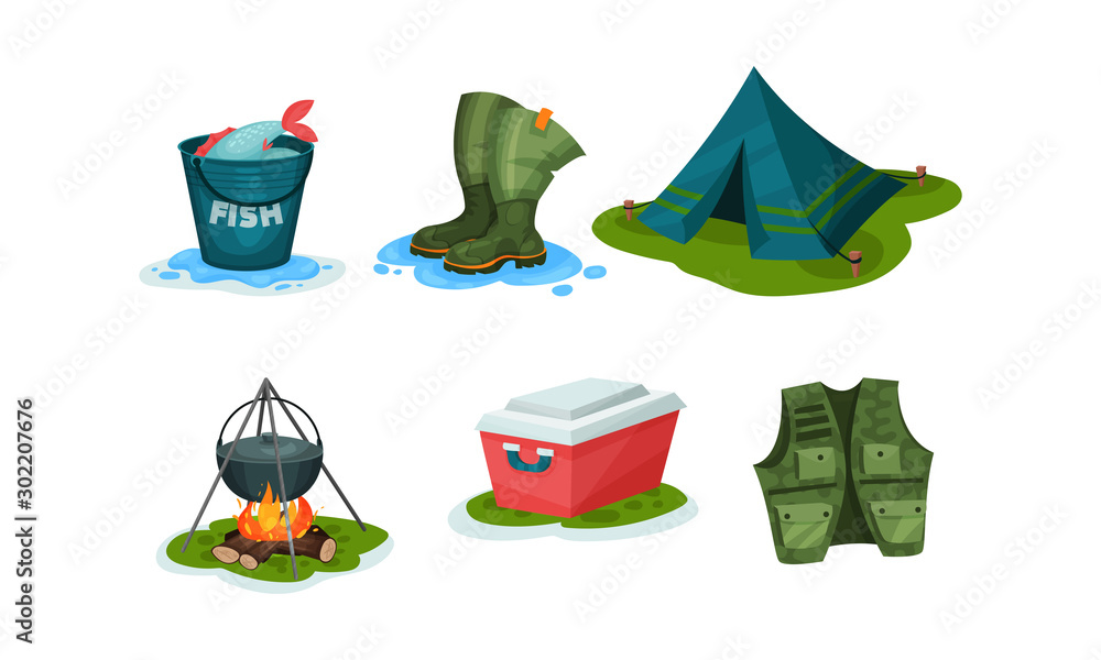 Outdoor Activities, Fishing And Camping Stuff Vector Illustration Set ...