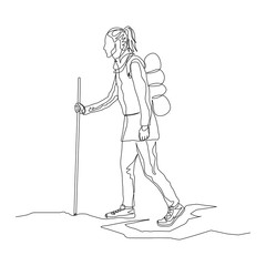 Wall Mural - Continuous one line woman traveler is walking with a hiking backpack and stick. Travel and journey theme. Vector