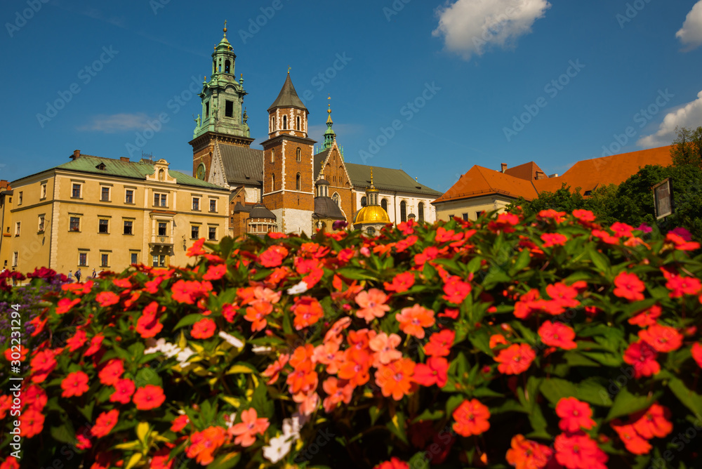 Beautiful sightseeing with Wawel Royal Castle and colorful flowers in Krakow, Poland - obrazy, fototapety, plakaty 