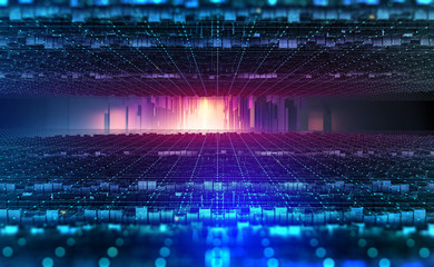 Leinwandbilder - Digital city, Big Data. Cybercity 3D illustration. Wireless internet technologies. Database protection and secure transmission of information on blockchain network
