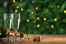 New Year Toast Champagne, Lights Bokeh Background