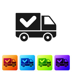 Sticker - Black Delivery truck with check mark icon isolated on white background. Set icons in color square buttons. Vector Illustration