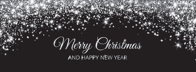 Wall Mural - Merry Christmas and New Year banner. Silver glitter decoration