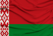 Beautiful Photo Of A Colored National Flag Of The Modern State Of Belarus On A Textured Fabric, Concept Of Tourism, Emigration, Economy And Politics, Closeup