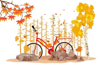 Wall Mural - Yellow colorfull autumn background with leaves and a bicycle. Vector concept