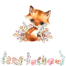 Cute Fox Character Surrounded By Forest Herbs, Leaves And Wild Berries. Border Of Autumn Leaves And Berries.