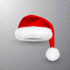 Wall Mural - Realistic Red Santa Claus hat isolated on gray transparent background. Gradient mesh Santa Claus cap with fur. Vector illustration