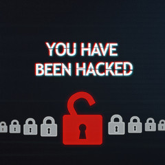 Fototapete - You have been hacked inscription with open red padlock illustration