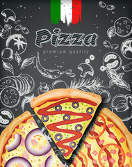 Wall Mural - Italian pizza ads or menu with illustration rich toppings dough on engraved style chalk doodle background.