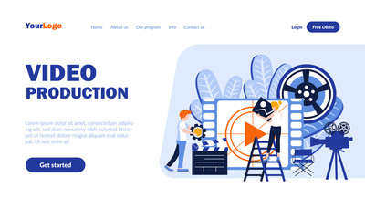 Video production vector landing page template with header. Movie creation web banner, homepage design with flat illustrations. Film editors, producers cartoon characters. Filming concept