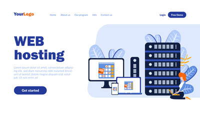 Leinwandbilder - Web hosting flat landing page template with header. Website placing on server, online service web banner, homepage design. Internet data storage vector illustration. Online database concept