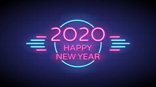 Happy New Year 2020 In Neon Light Text Circle On Red And Blue Color Background