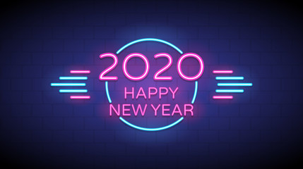 Wall Mural - Happy new year 2020 in neon light text circle on red and blue color background