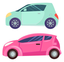 Transports Vector, Isolated Set Of Automobiles Of Different Color. Minicar Smart Car Eco-friendly Machine, Eco Auto With Powerful Engine Transportation Illustration In Flat Style Design For Web, Print