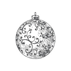 Hand Drawn Christmas Decorated Round Toy Ball Vector Illustration. Abstract Rustic Sketch. Winter Holiday Engraving Style Drawing.