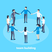 Isometric Vector Image On A Blue Background, Men And Women Stand In A Circle Holding Hands, Team Building And Teamwork