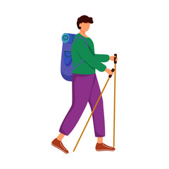 Wall Mural - man with hiking sticks flat vector illustration. camping activity. cheap travelling choice. active v