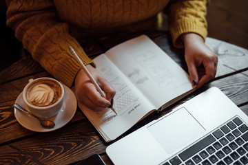 Wall Mural - woman sketching web design into diary in cafe