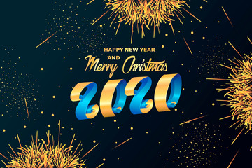 Wall Mural - Shining christmas background. Sparkler. Merry Christmas and Happy New YeSparkling gold particles on a dark background. Vector template for greeting card, banner, poster, greeting, backdrop. Lettering.