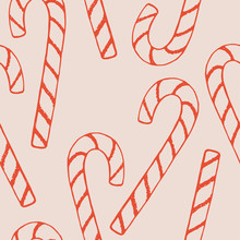 Hand Drawn Christmas Seamless Pattern. Winter Holiday Background With Candy Canes